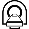 Simple black and white line icon of an MRI scanner machine with patient bed