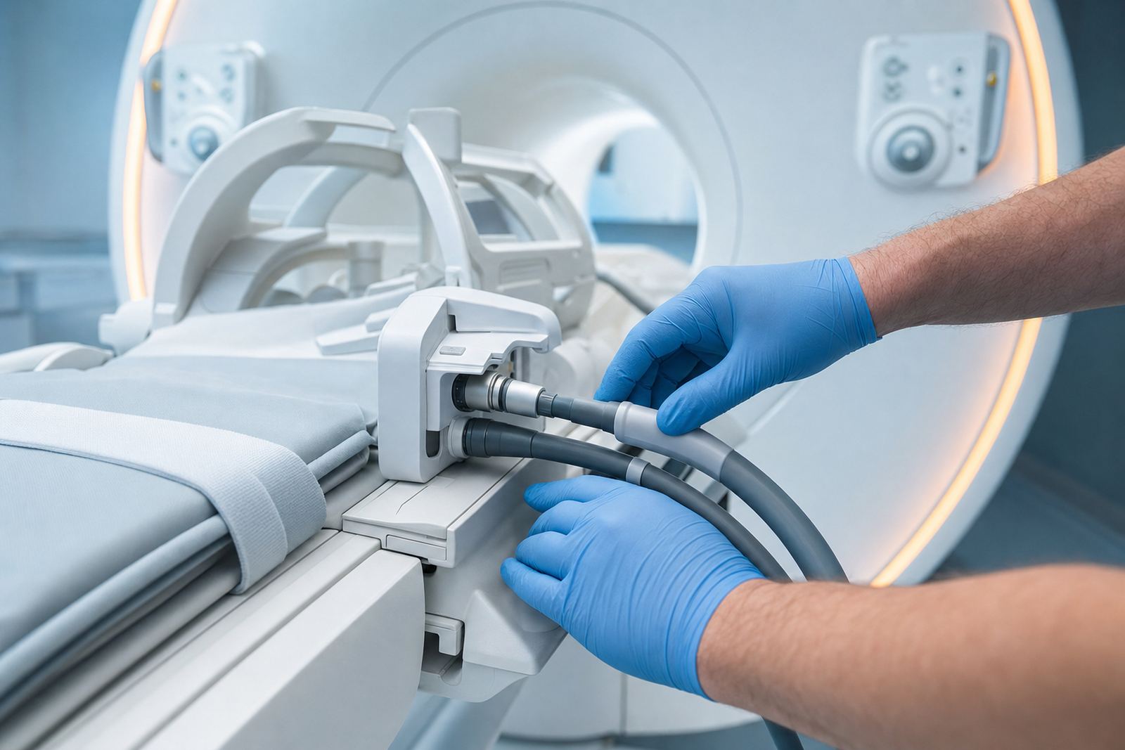 Gloved hands connecting coil cables at the head of an MRI patient table