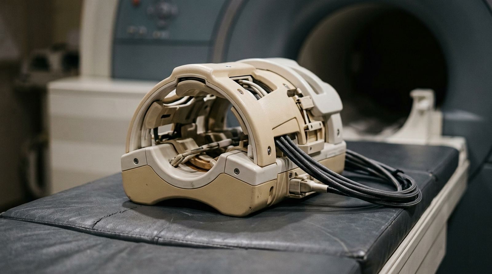 A well-worn RF head coil with attached cables resting on an MRI scanner table
