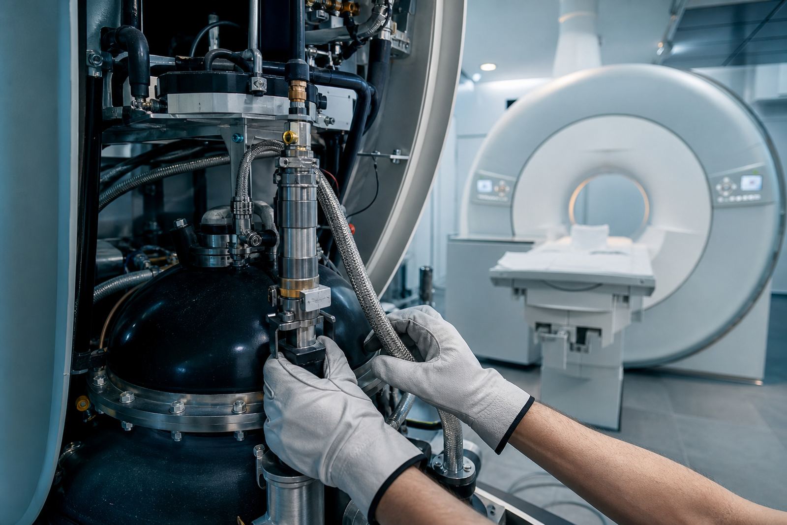 Gloved hands connecting a helium cold-head and compressor line on an MRI magnet, with the scanner bore visible behind